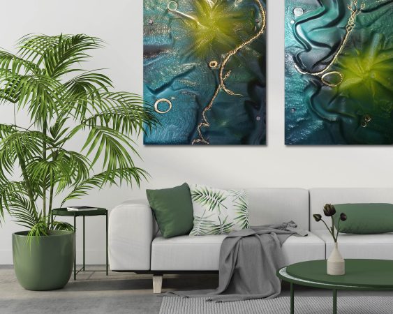 Interior of living room with white sofa, green pillows, green coffee table, tropical plant and concrete floor  / 3D illustration, 3d render